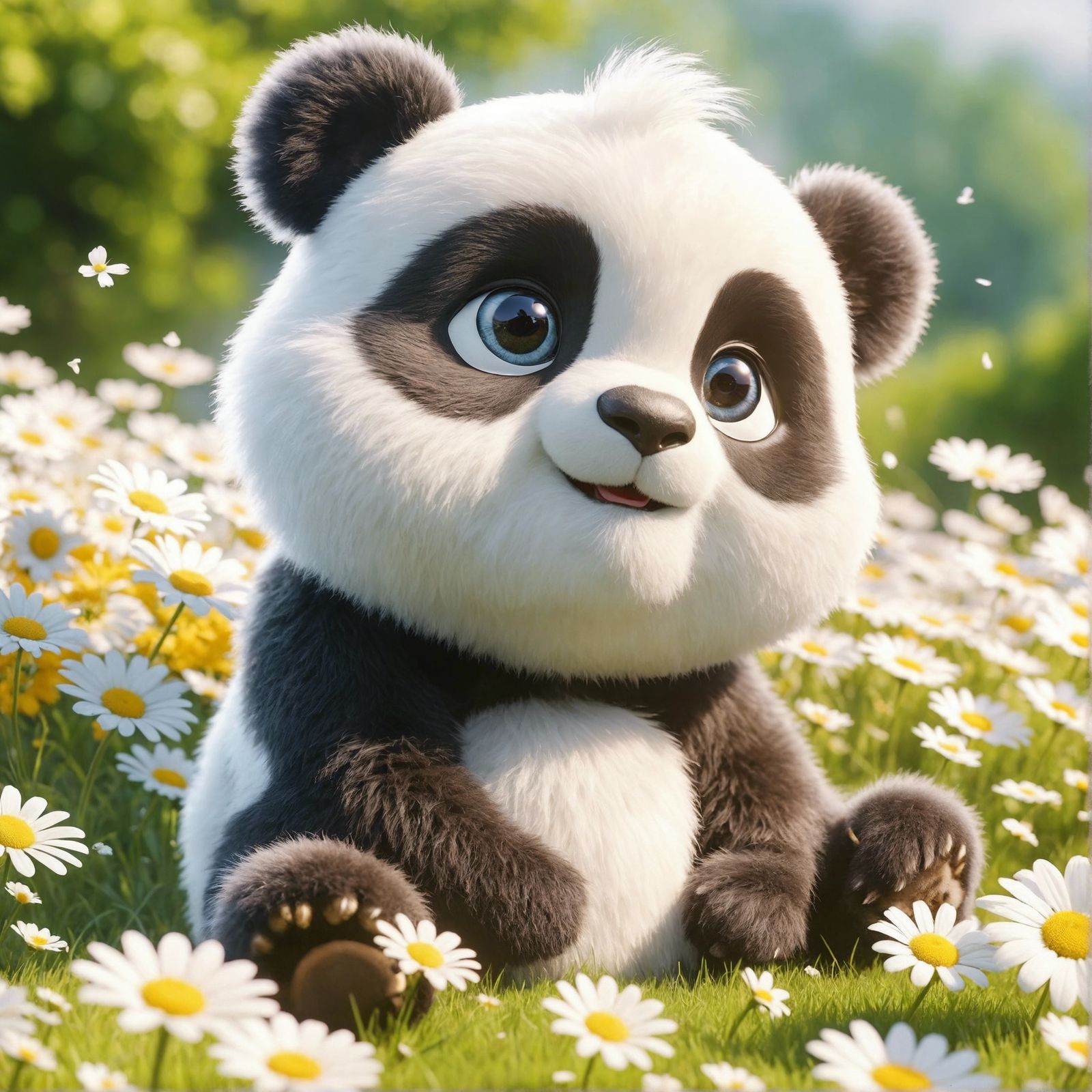 Cartoon Panda Surrounded by Daisies in CGI Style