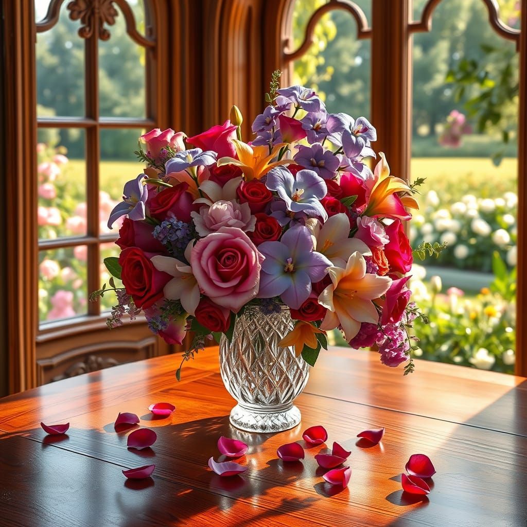 Vibrant Bouquet in Crystal Vase, with Lush Garden Beyond