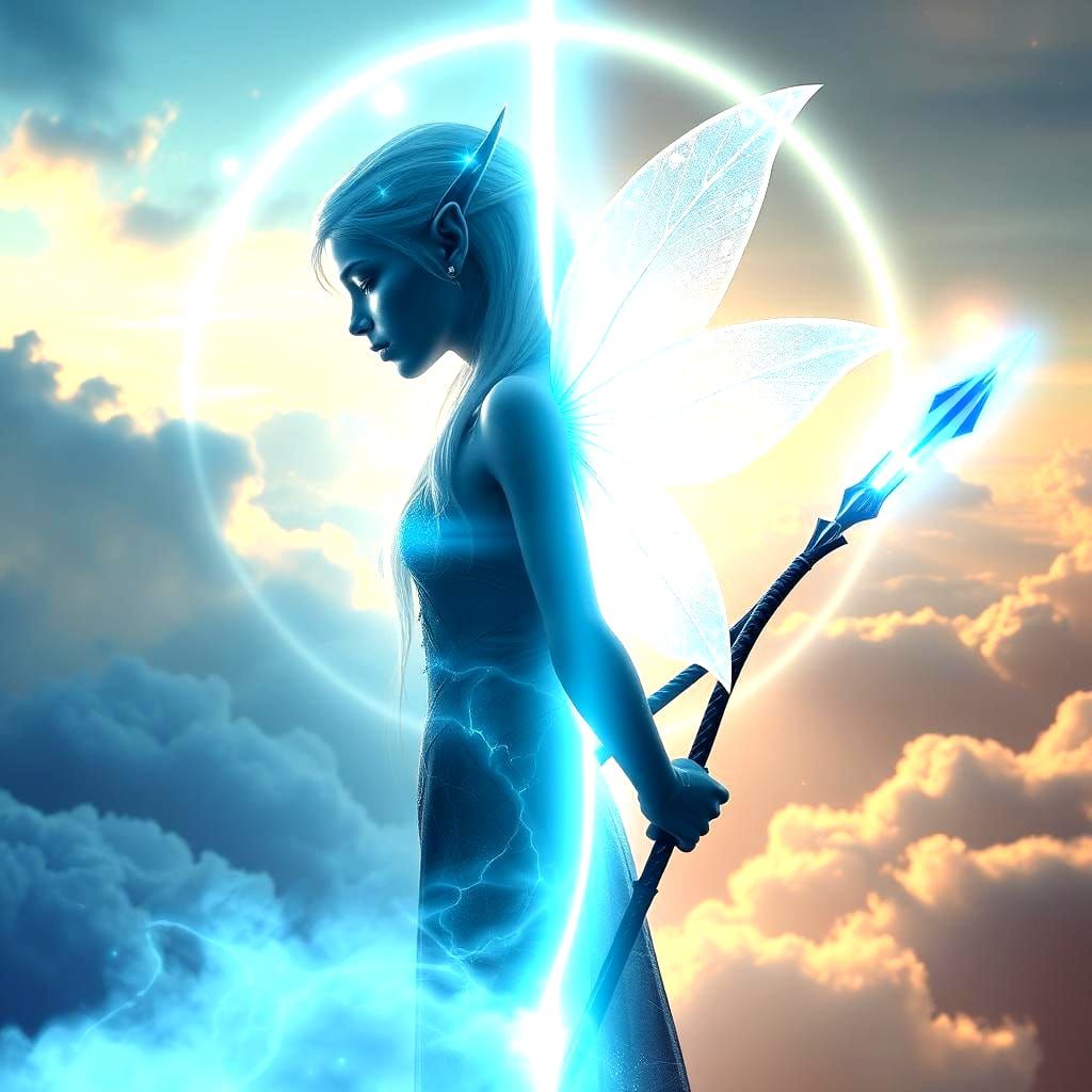 Ethereal Elf Between Cyberpunk and Heavenly Realms