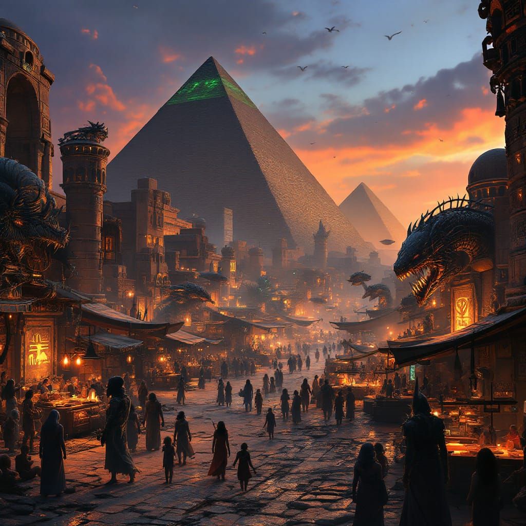 Ancient Egyptian Marketplace with Galactic Merchants at Twil...