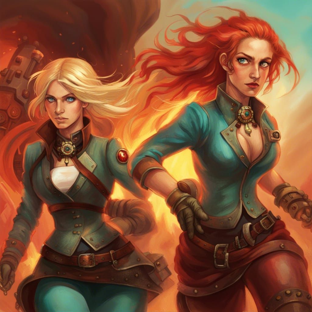 Women Fleeing Fire Next to Steampunk Engine