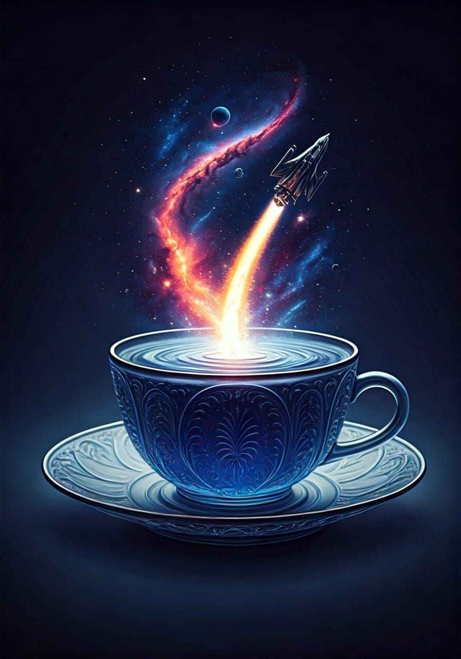Cosmic Teacup Escape: A Futuristic Sci-Fi Illustration