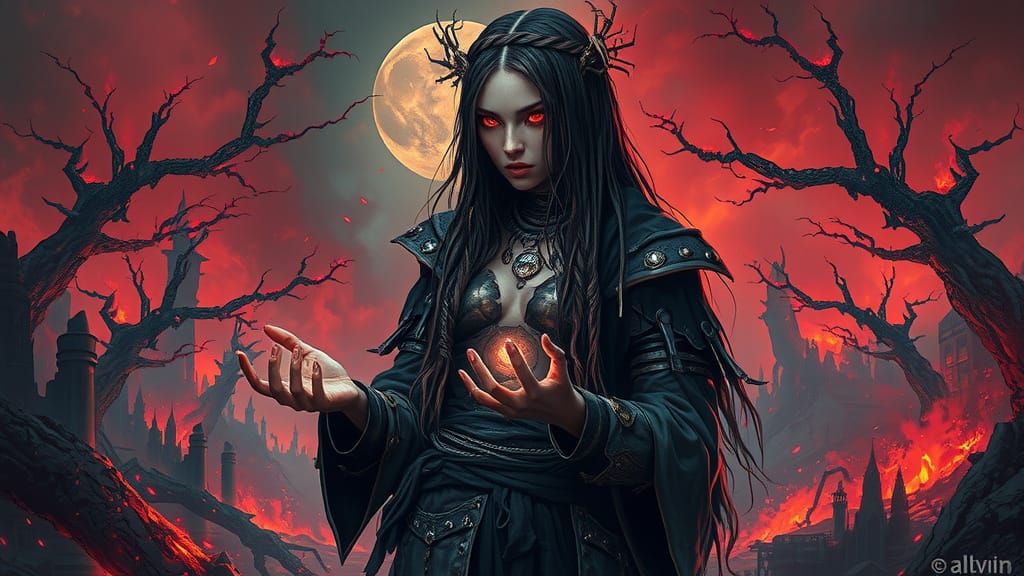 Apocalyptic Sorceress Unleashes Dark Magic Amidst Ruins