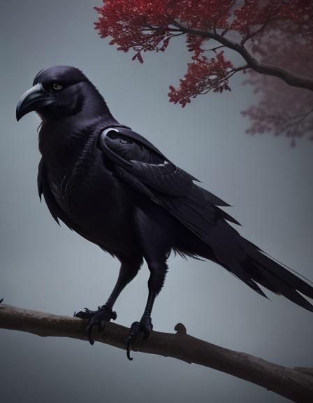 Crow Perched on Branch: A Photorealistic Digital Art