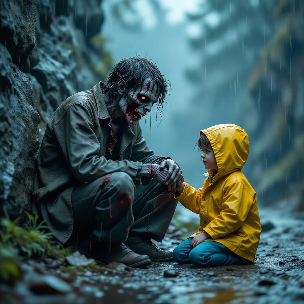Wounded Zombie and Child in Post-Apocalyptic Scene
