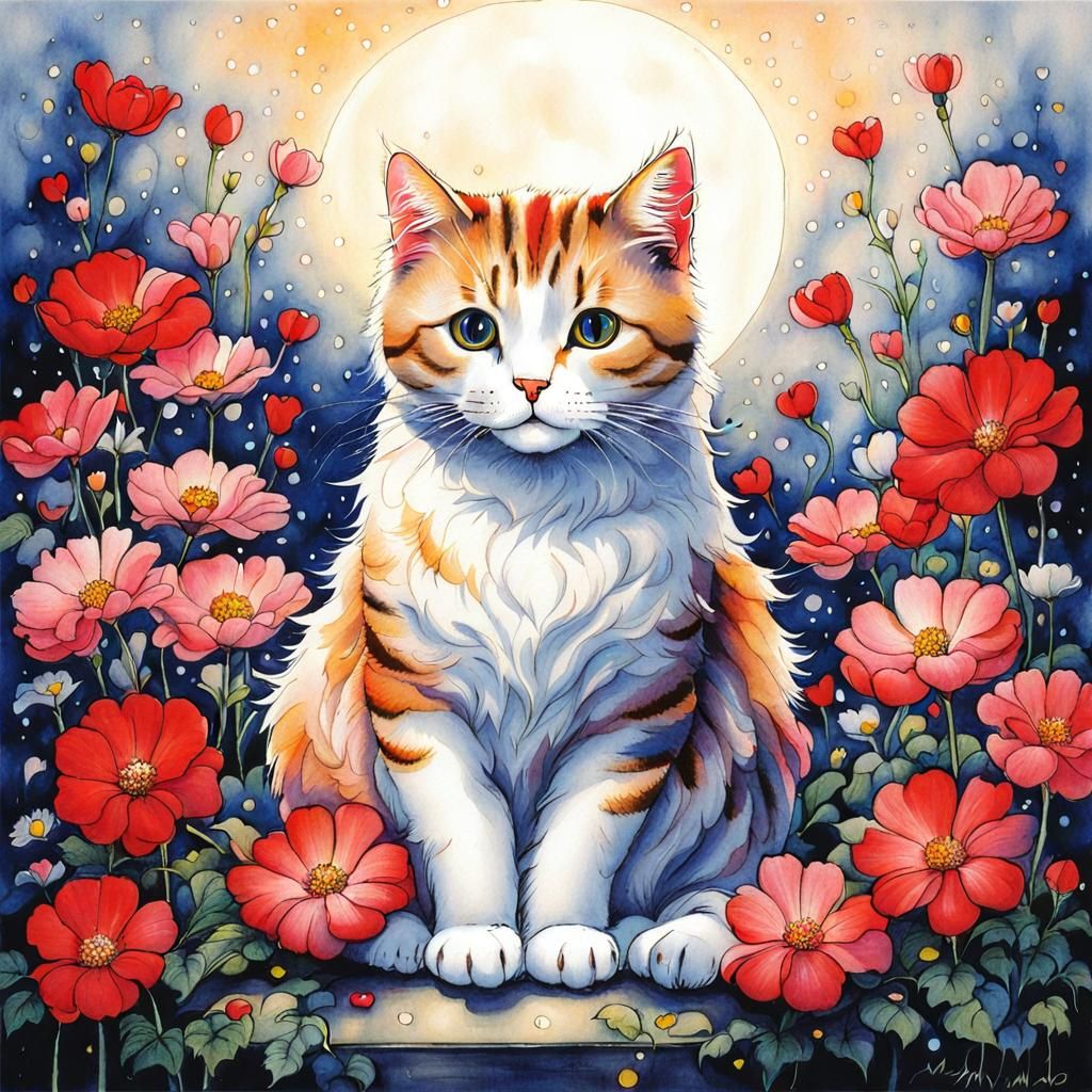 Cat Surrounded by Flowers in Fantasy Art Style