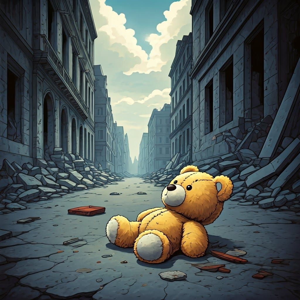 Teddy Bear in War-Torn City, Ash Thorp Style