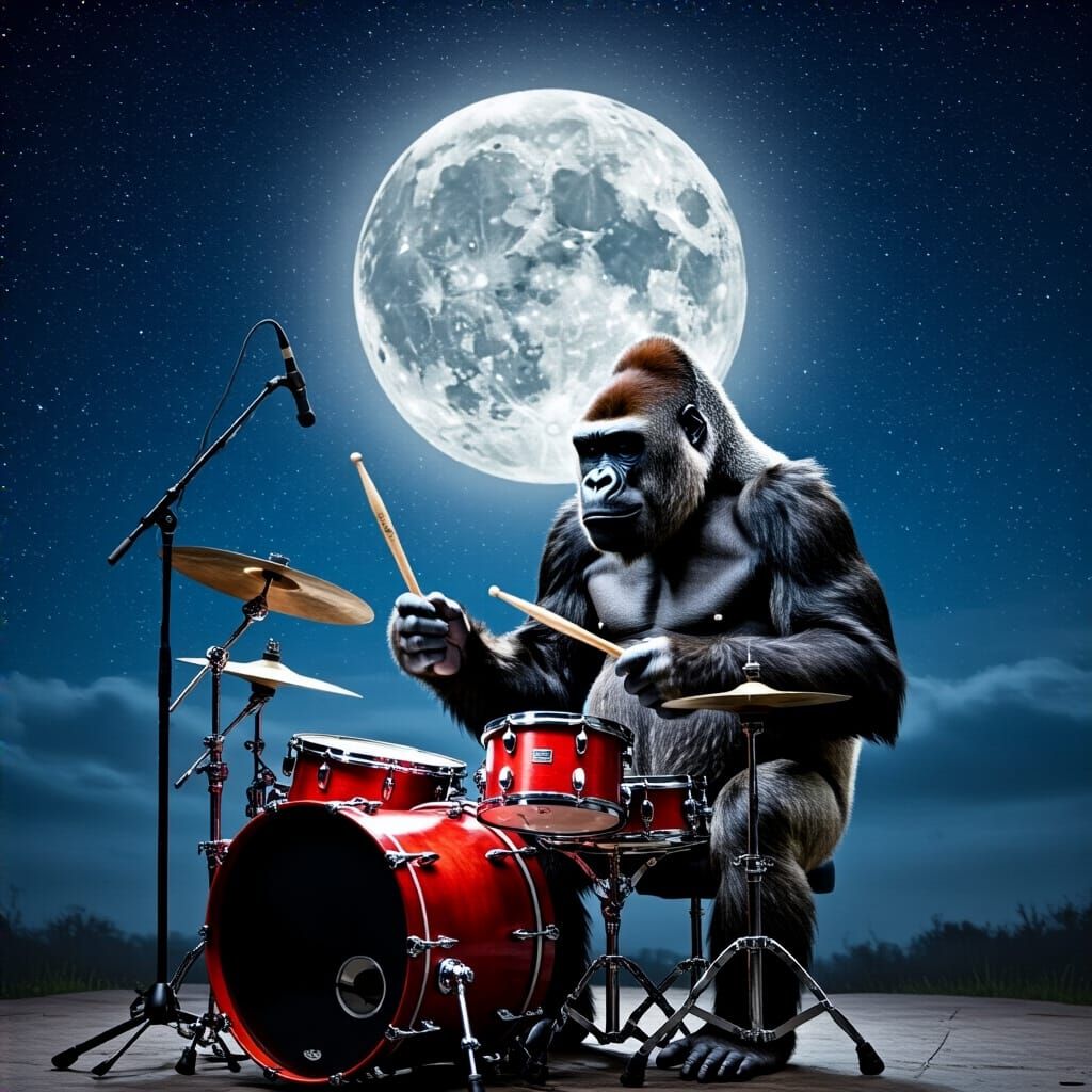 Gorilla Drumming to Heavy Metal Under a Starry Full Moon