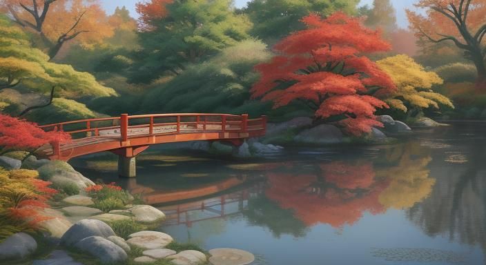Autumn Japanese Garden with Koi Pond in Anime Style