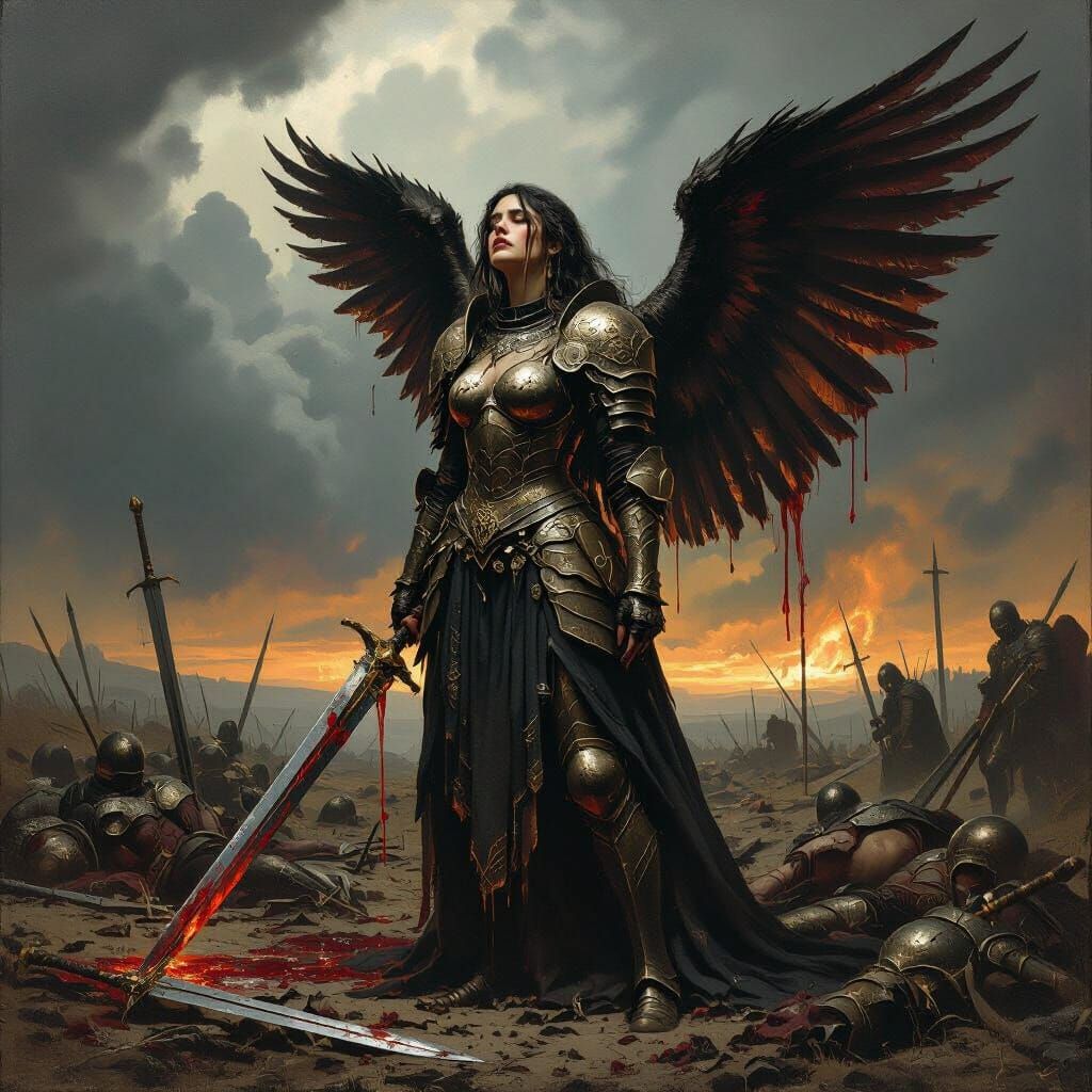 Sorrowful Valkyrie on Battlefield in Dark Fantasy Style