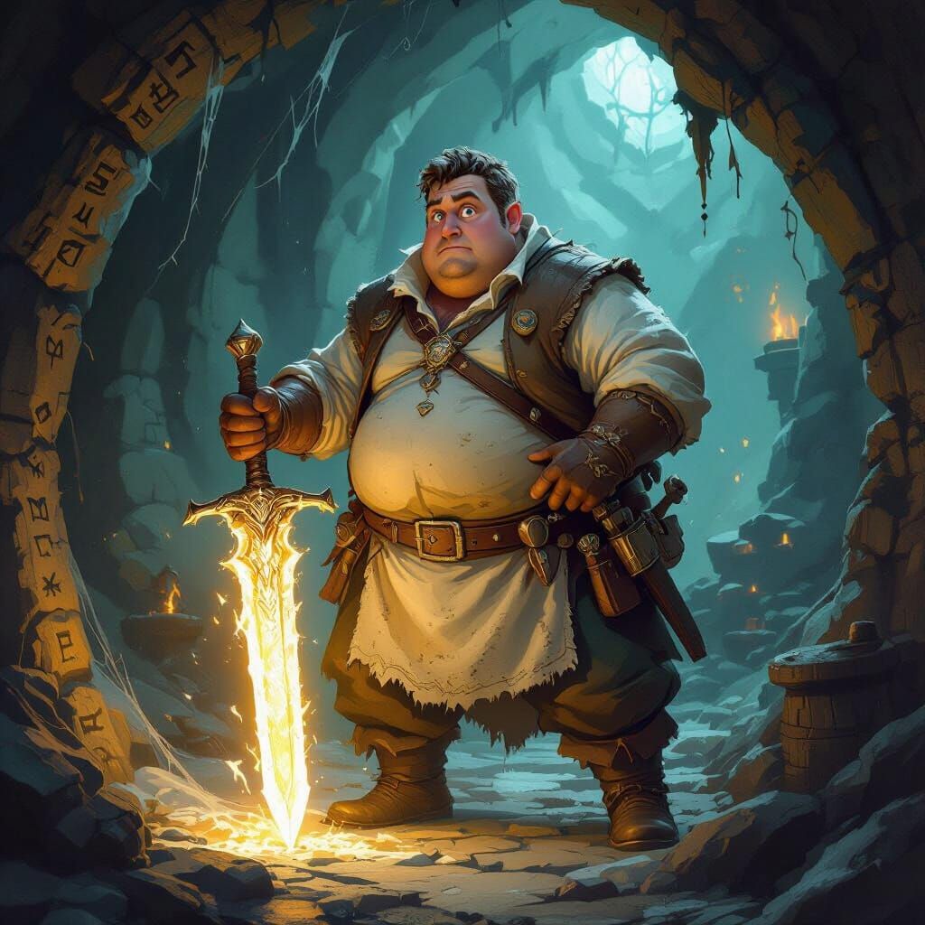 Bewildered Baker Adventurer in Torch-Lit Dungeon