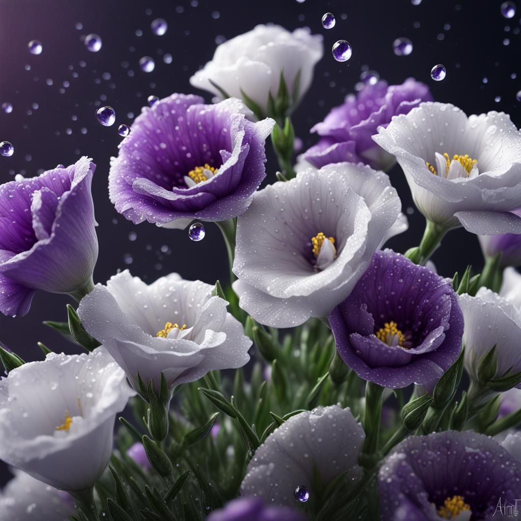 Dew-Kissed Eustoma Flowers with Butterflies in Macro