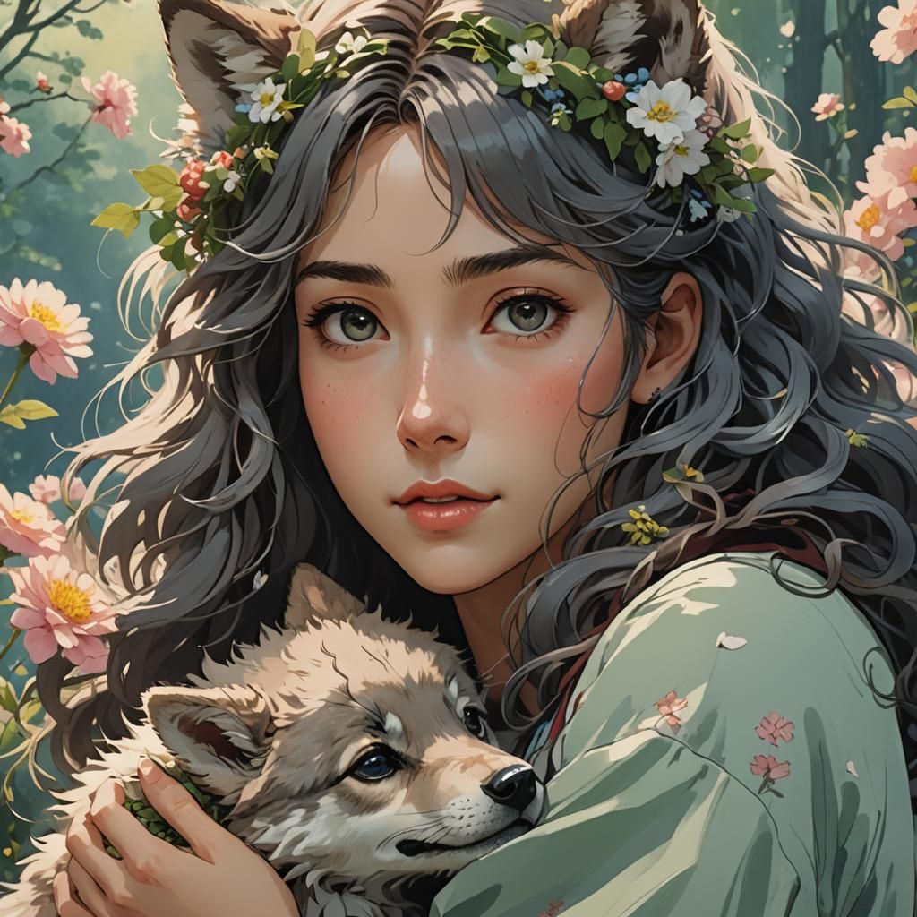 Woman with Wolf Cub, Studio Ghibli Style