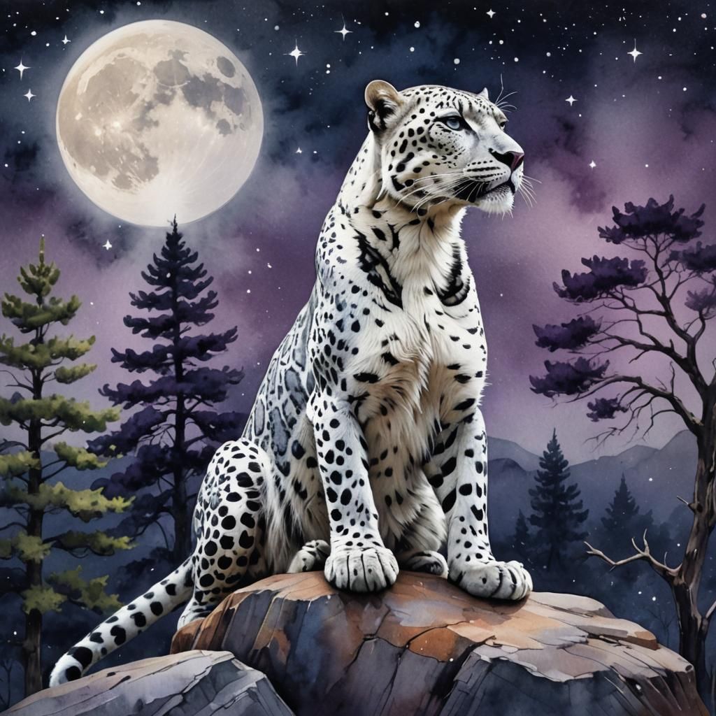 Watercolor White Leopard Under Purple Moonlit Sky