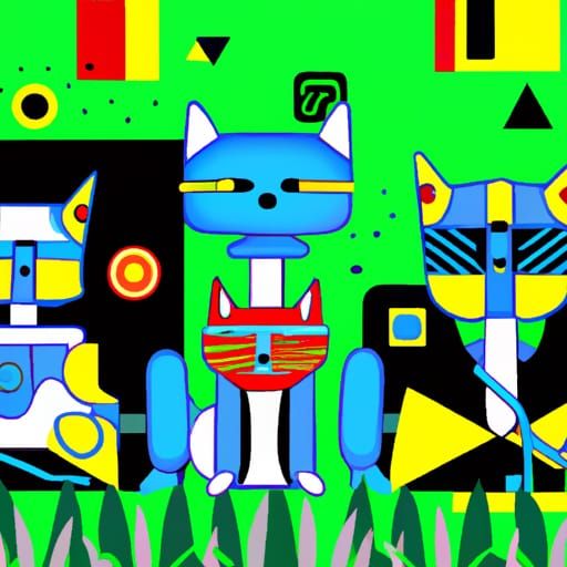 Robot Cat Family in Meadow: Pop Art Digital Print
