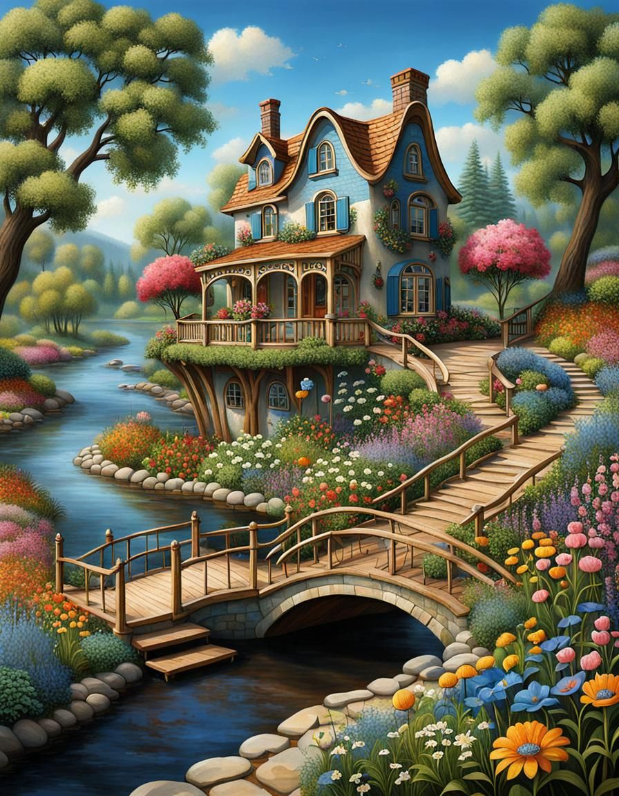 Masterpiece whimsical house river flowers