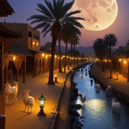 Arabian Night in Old Iraqi Village with Camels