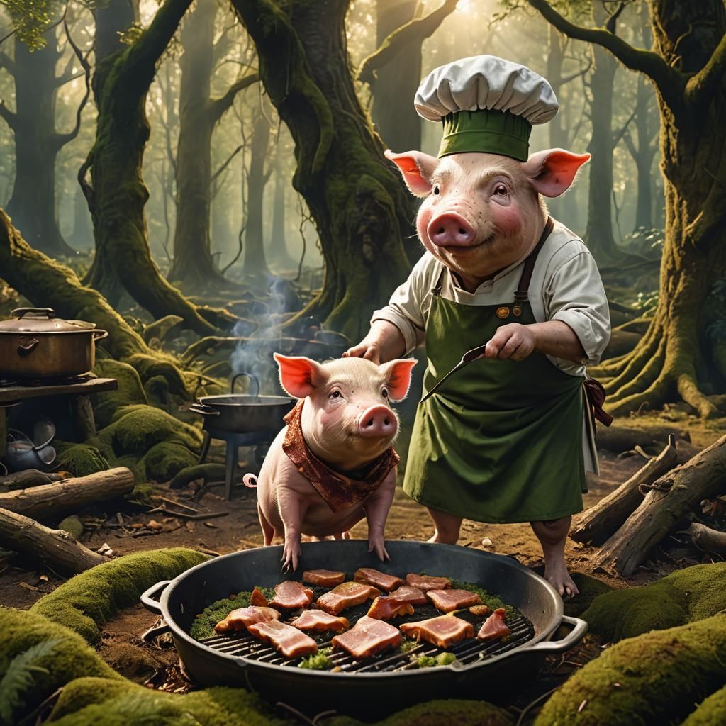 Pig Chef Cooking Bacon in Mystical Forest