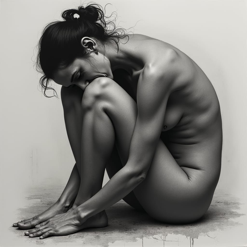 Exhausted Woman Portrait in Charcoal