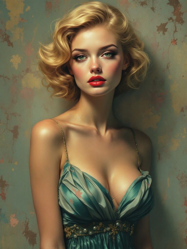Pin-Up Woman in Metallic Teal Dress