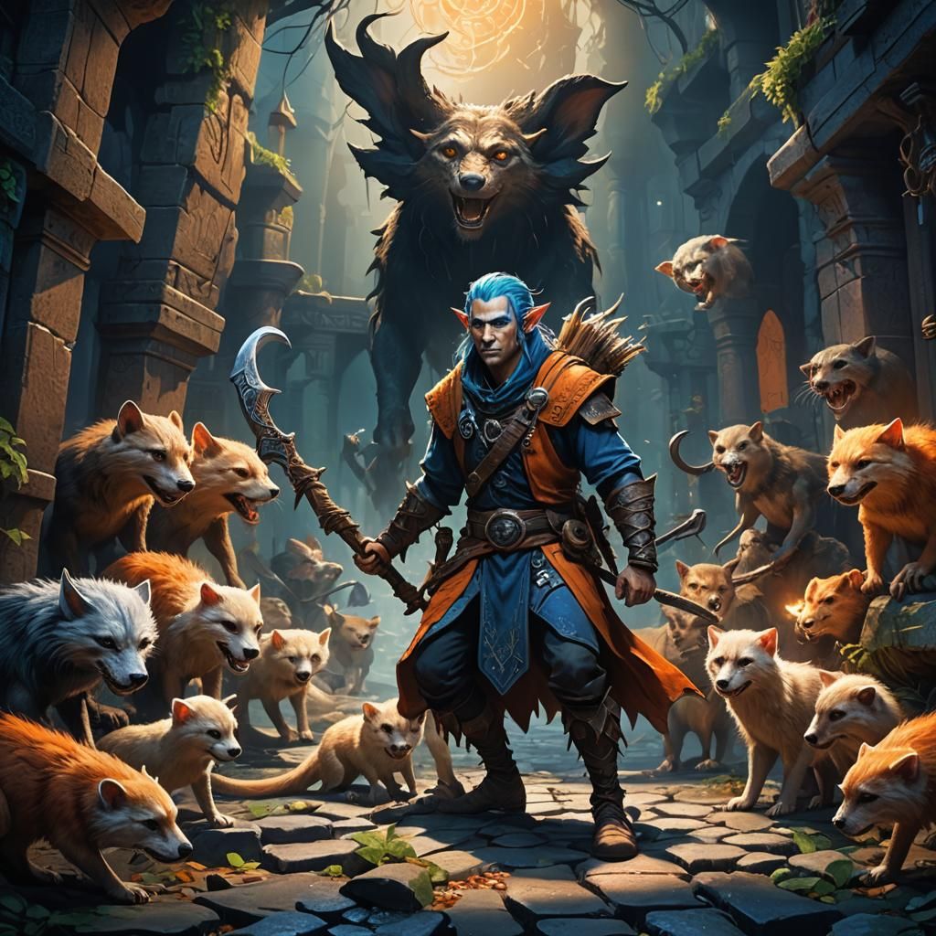 Elf Shaman Faces Wolves in a Fantasy Splash Screen