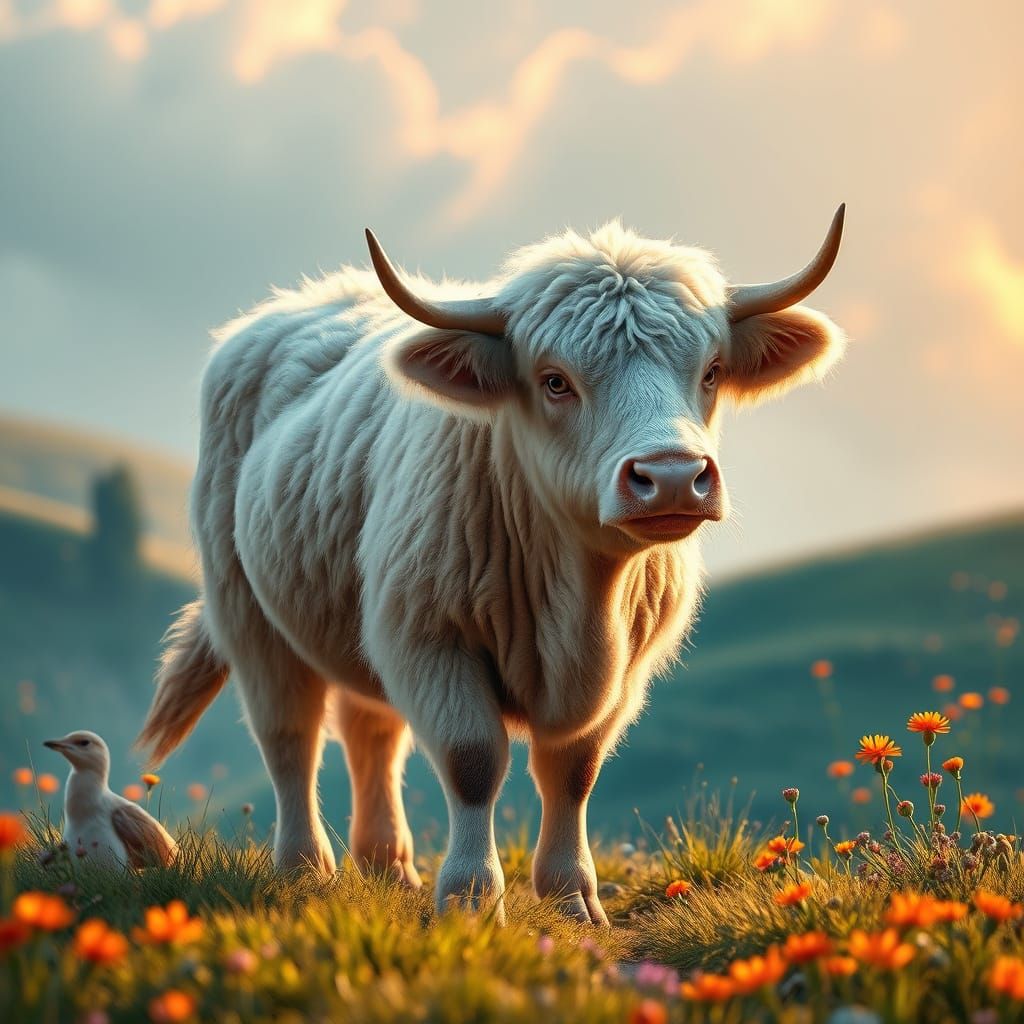 Majestic Fluffy Cow in Dreamlike Meadow
