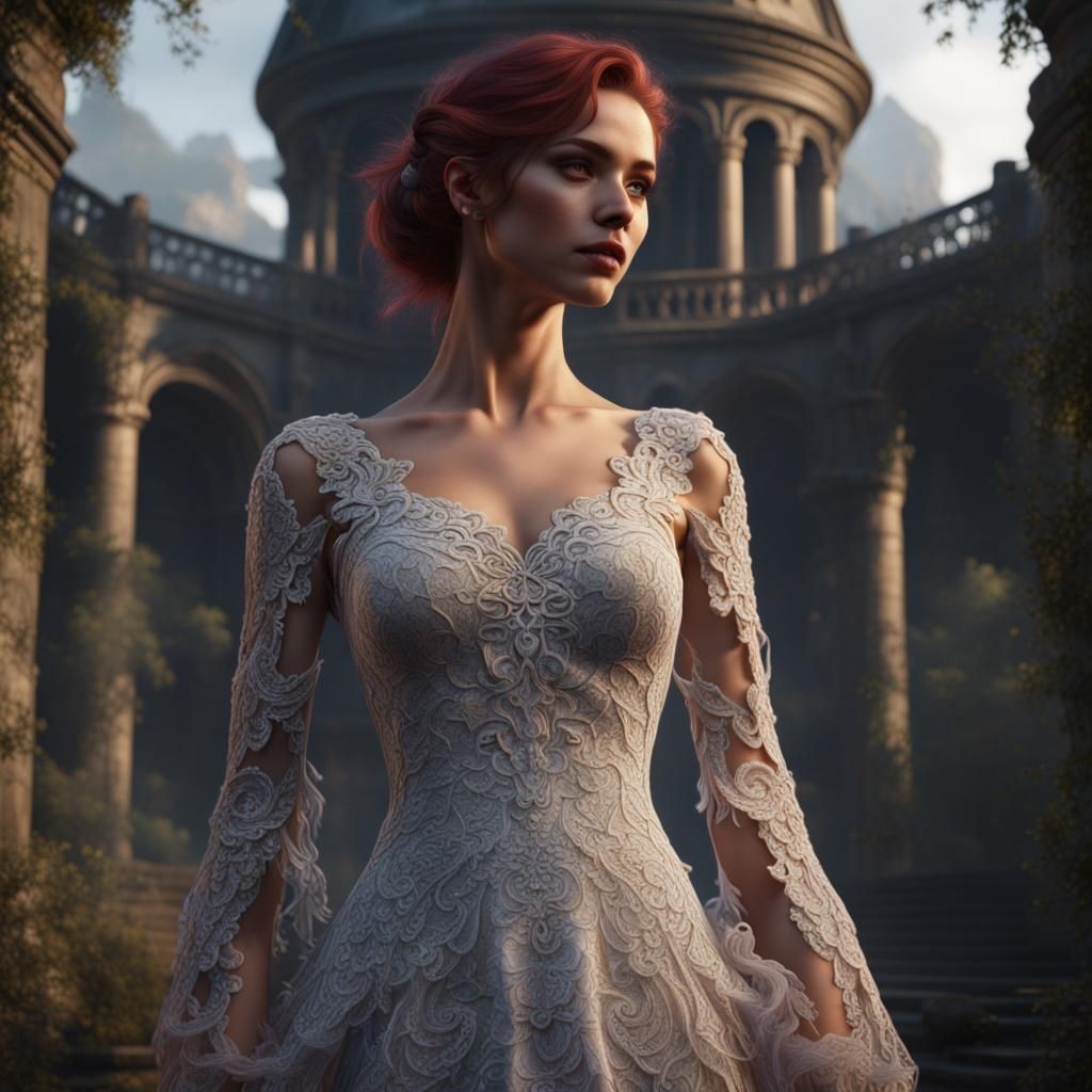 Bride in Lace Dress: Detailed Fantasy Art