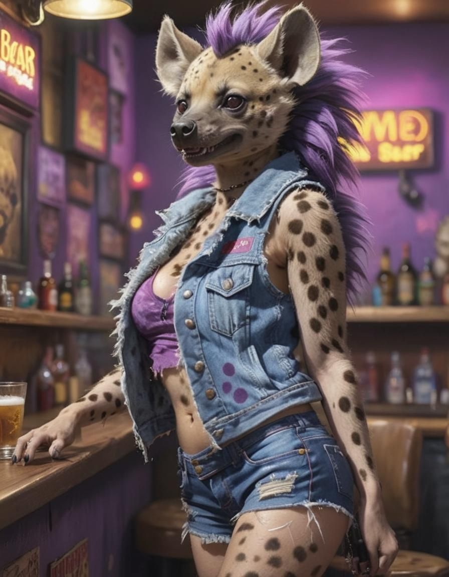 Furry She-Hyena in Dive-Bar, Hyperdetailed Photorealism