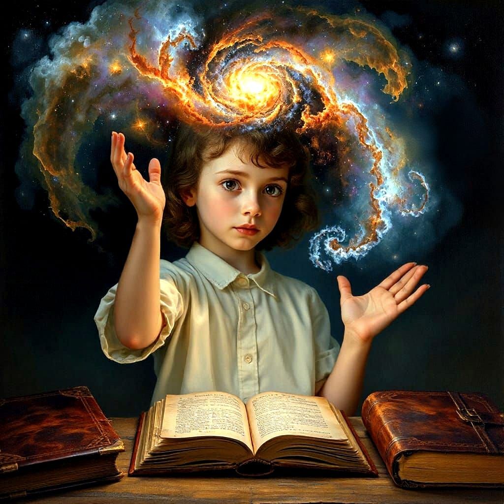 Girl Touches Nebula Amidst Ancient Lore