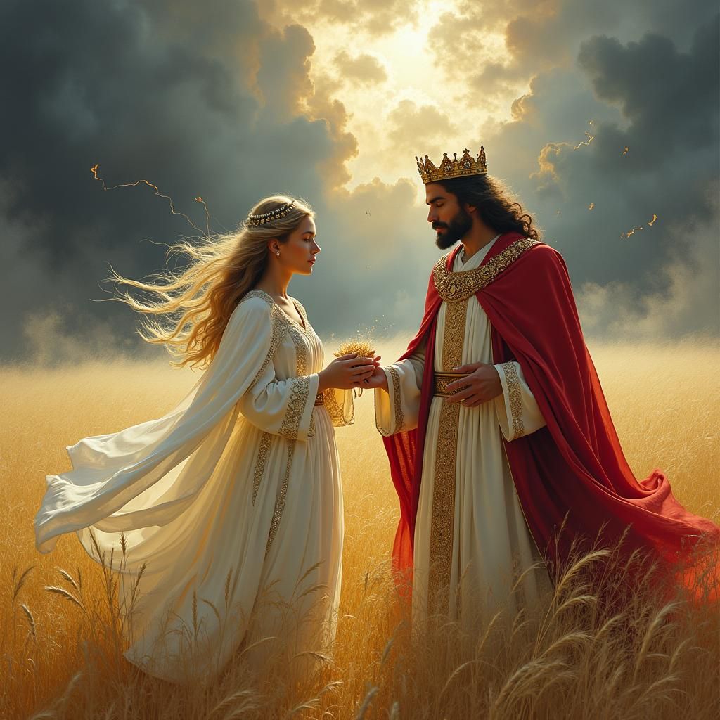 Bride and King in Wheat Field, Apocalyptic Illustration