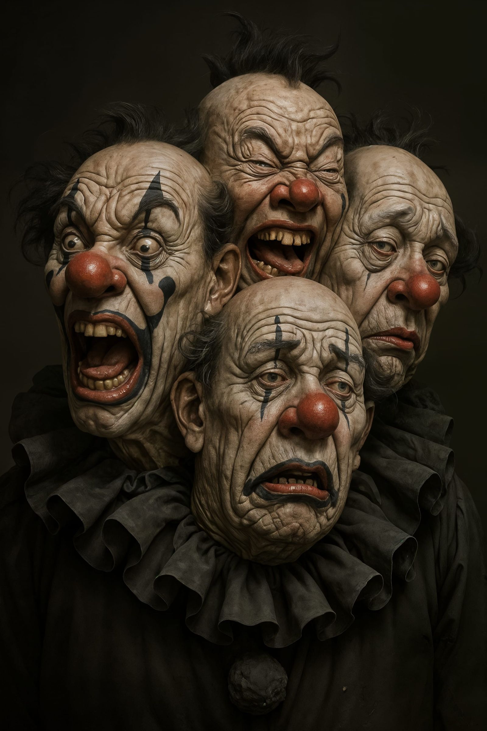 Four-Headed Dark Clown Sculpture in Hyperrealism Style
