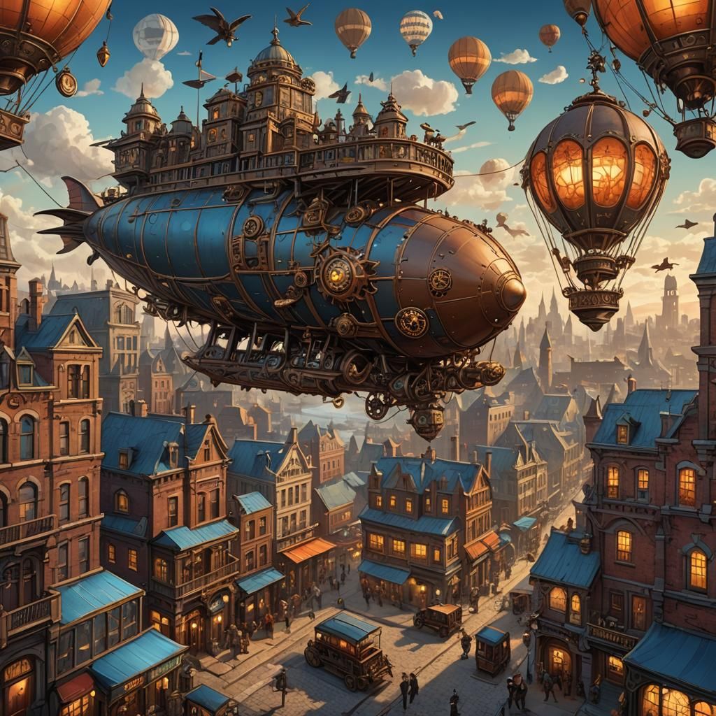 Steampunk Airship Over Victorian City Concept Art