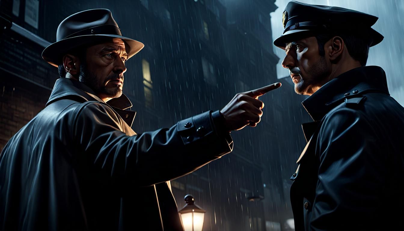 Noir Detective Accusation in a Crime Scene