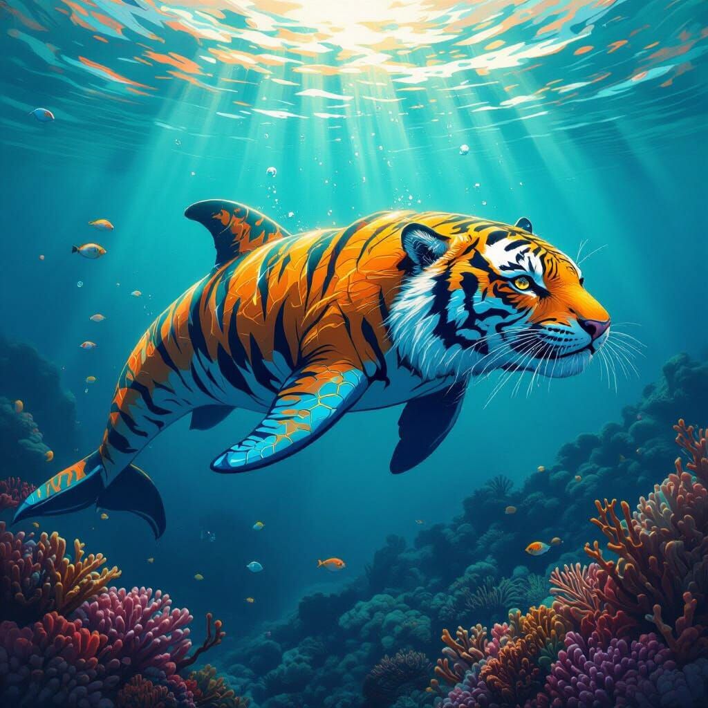 Majestic Tiger-Dolphin Hybrid in Coral Reef