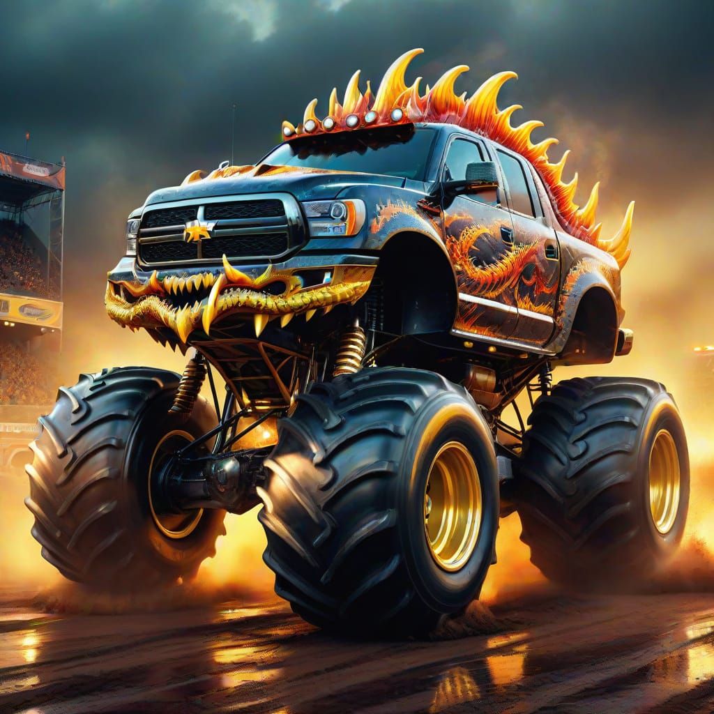 Dragon Monster Truck in Vibrant Oil Painting Style