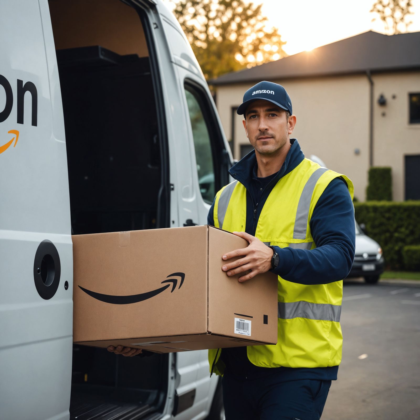 Delivery Worker Unloading Amazon Package