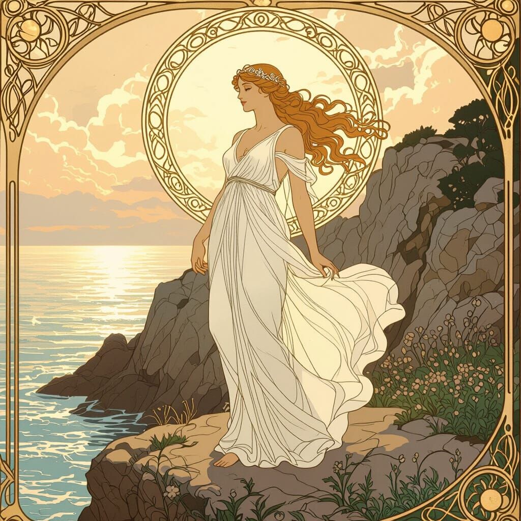 Aphrodite in Art Nouveau Style by the Sea