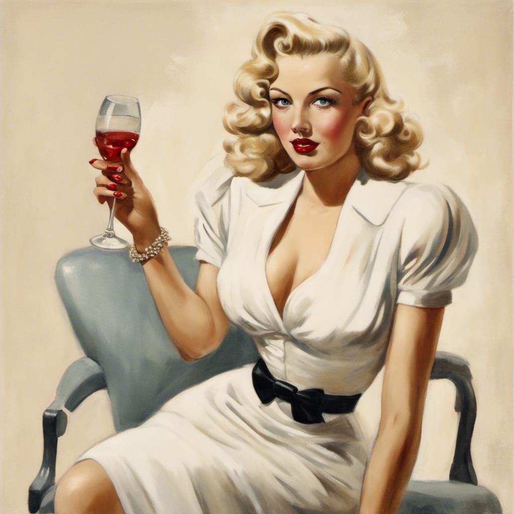 elegant gorgeous 130 lbs curvy pale blonde with full hair, red lips in white cocktail dress and dirty martini circa 1940...
