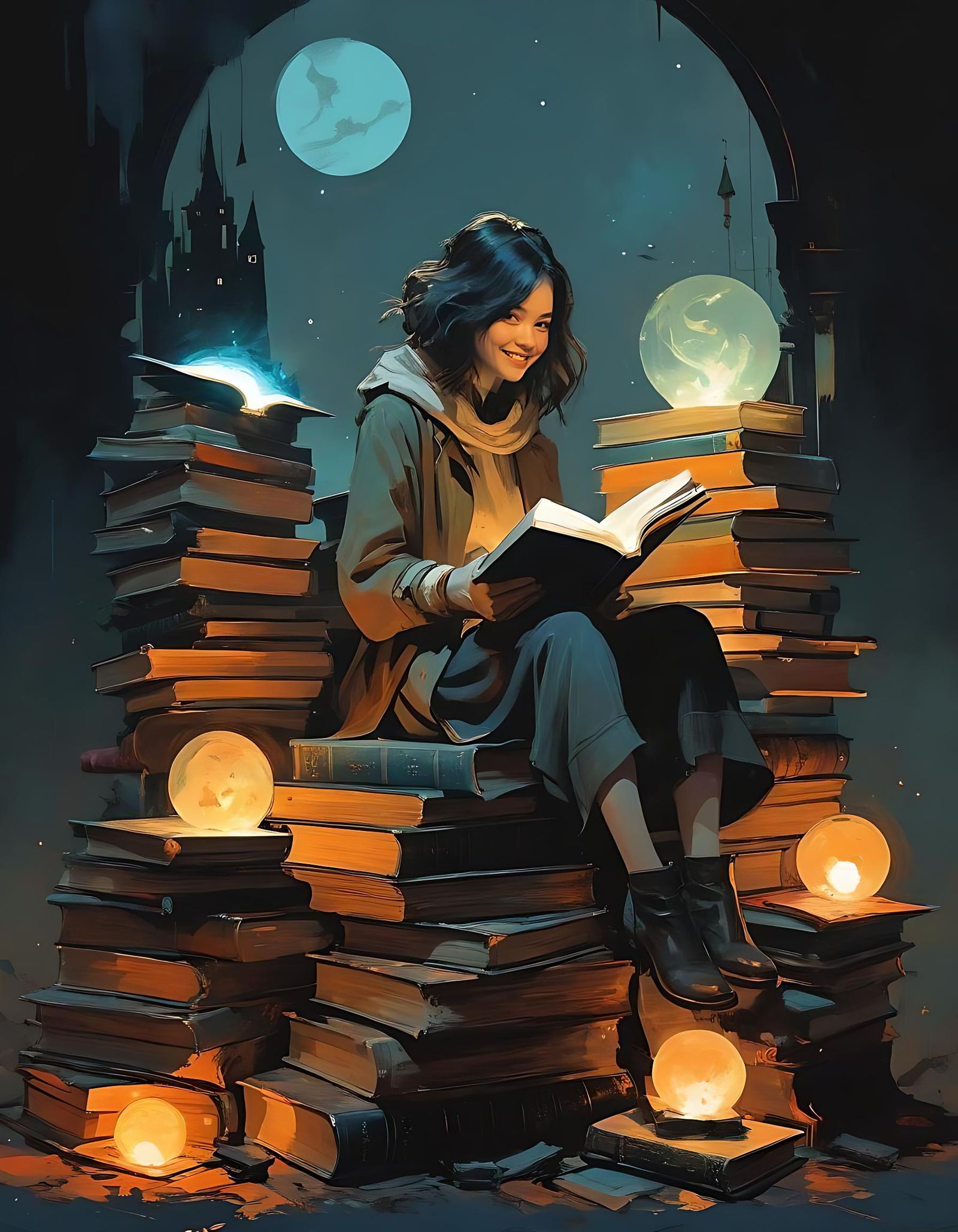 Woman Reading Glowing Book in Grungy Aesthetic