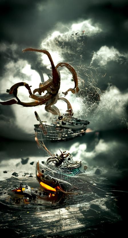 A Kraken attacks ships at sea.