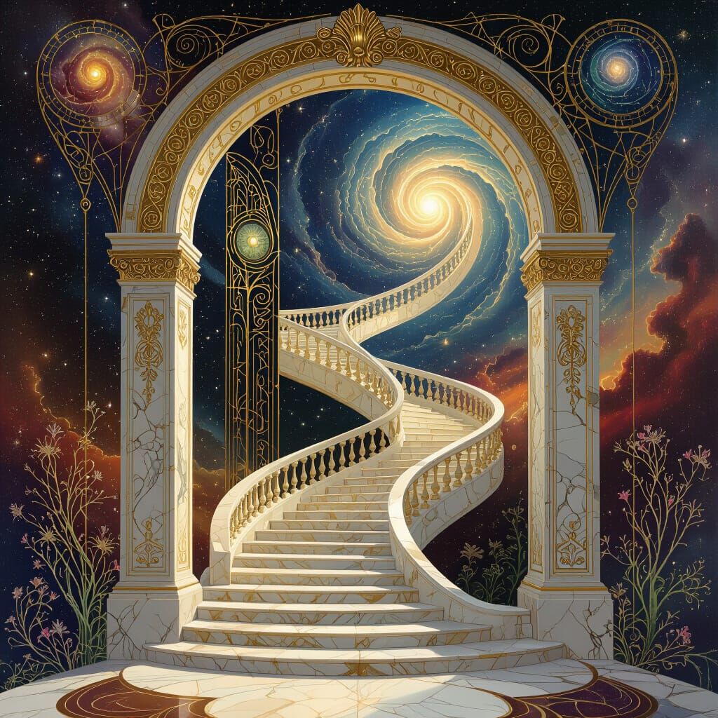 Ethereal Marble Gate with Spiraling Staircases