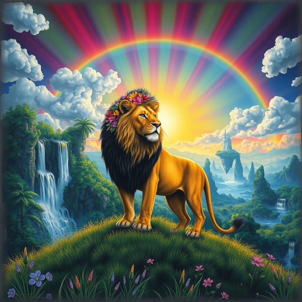 Lion with Flower Mane in Enchanted Jungle Dreamscape