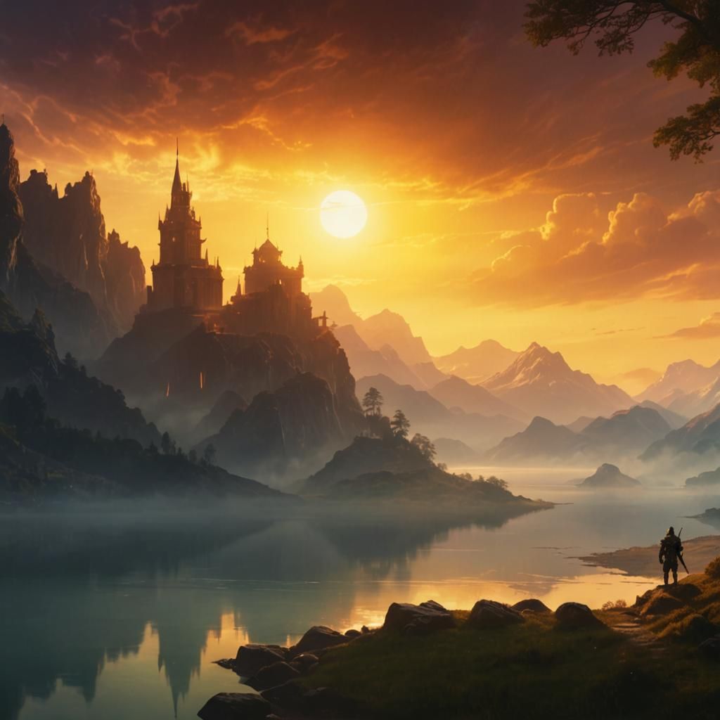 Warrior at Lake Sunset: Epic Digital Matte Painting
