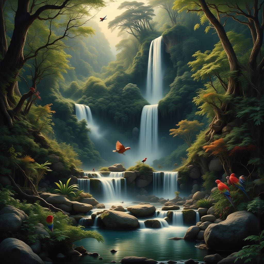 Surreal Jungle Waterfalls with Hyperrealistic Birds in Fligh...