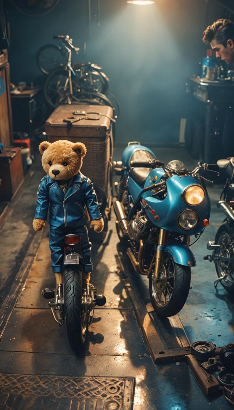 Teddy Boy and Japanese Motorcycle in Neon Light