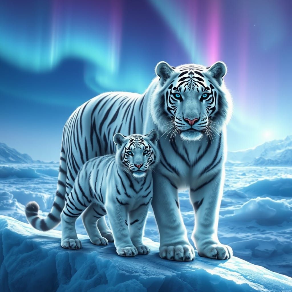 Majestic Mother Tiger and Cub on Glacial Landscape