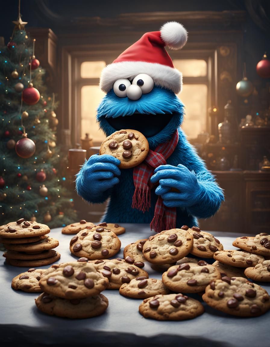 Cookie Monster Holiday Portrait in Detailed Matte Painting
