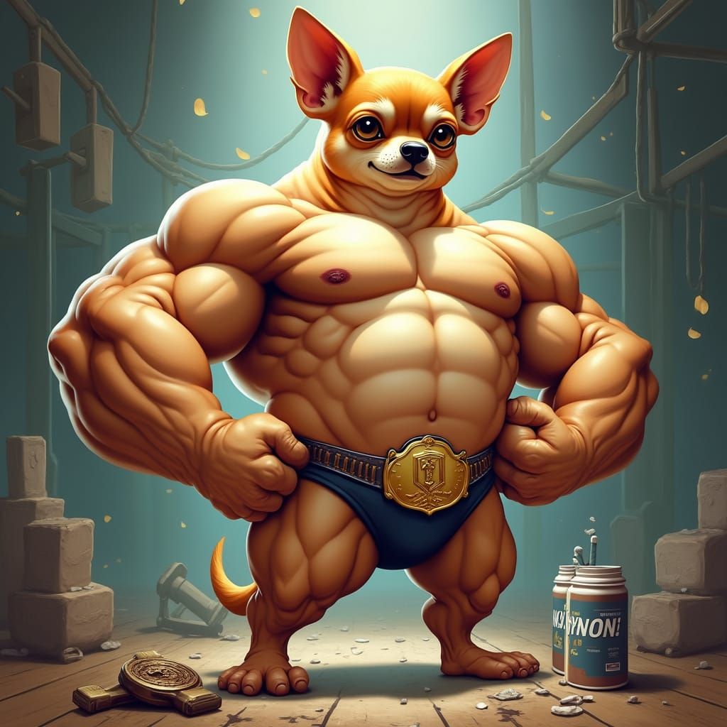 Comical Bodybuilder Chihuahua in Cartoon Style