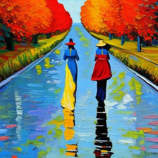 Women Walking on Boardwalk in Impressionistic Style
