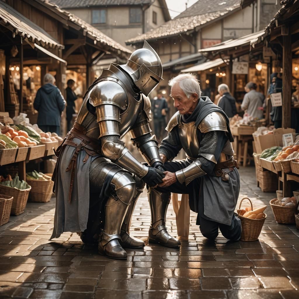Something is wrong here... "a knight kneeling down to help a...